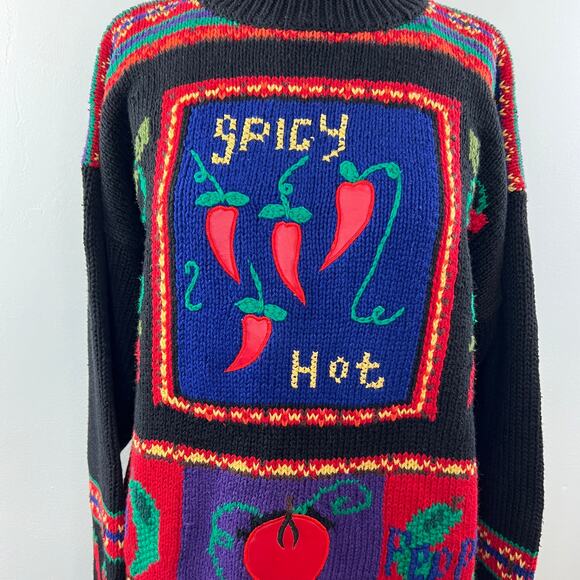 VINTAGE Karen Scott HandKnit SPICY HOT Black Long Sleeve Mock Pullover Sweater L - Picture 3 of 9